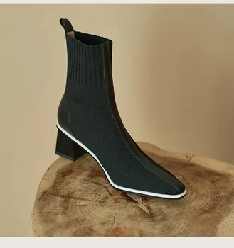 2023 Есен Зима нова мода шев ластични чорапи, ботуши на висок ток, ботуши дамски къси ботуши с остър нос женски 
